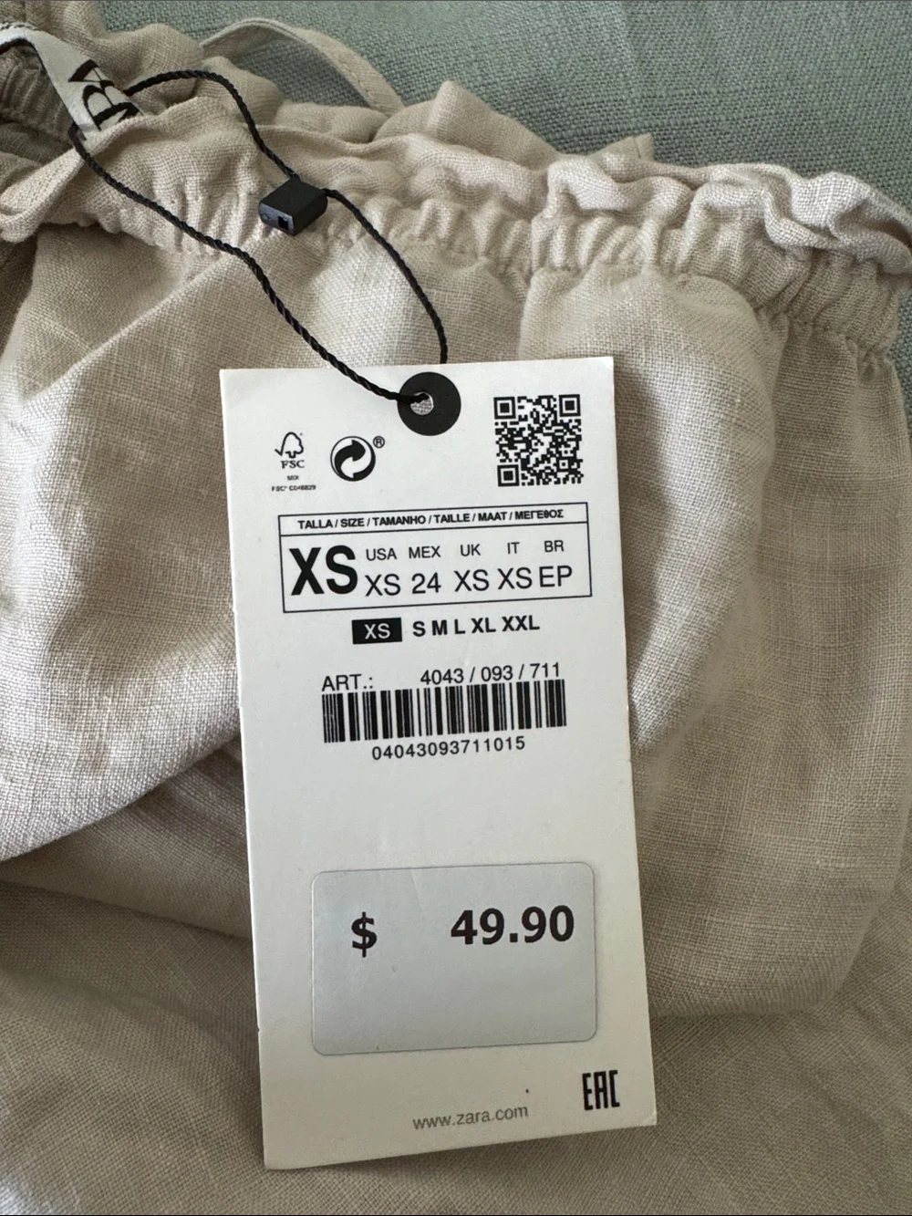 ZARA Beige Drawstring Linen Chinos
